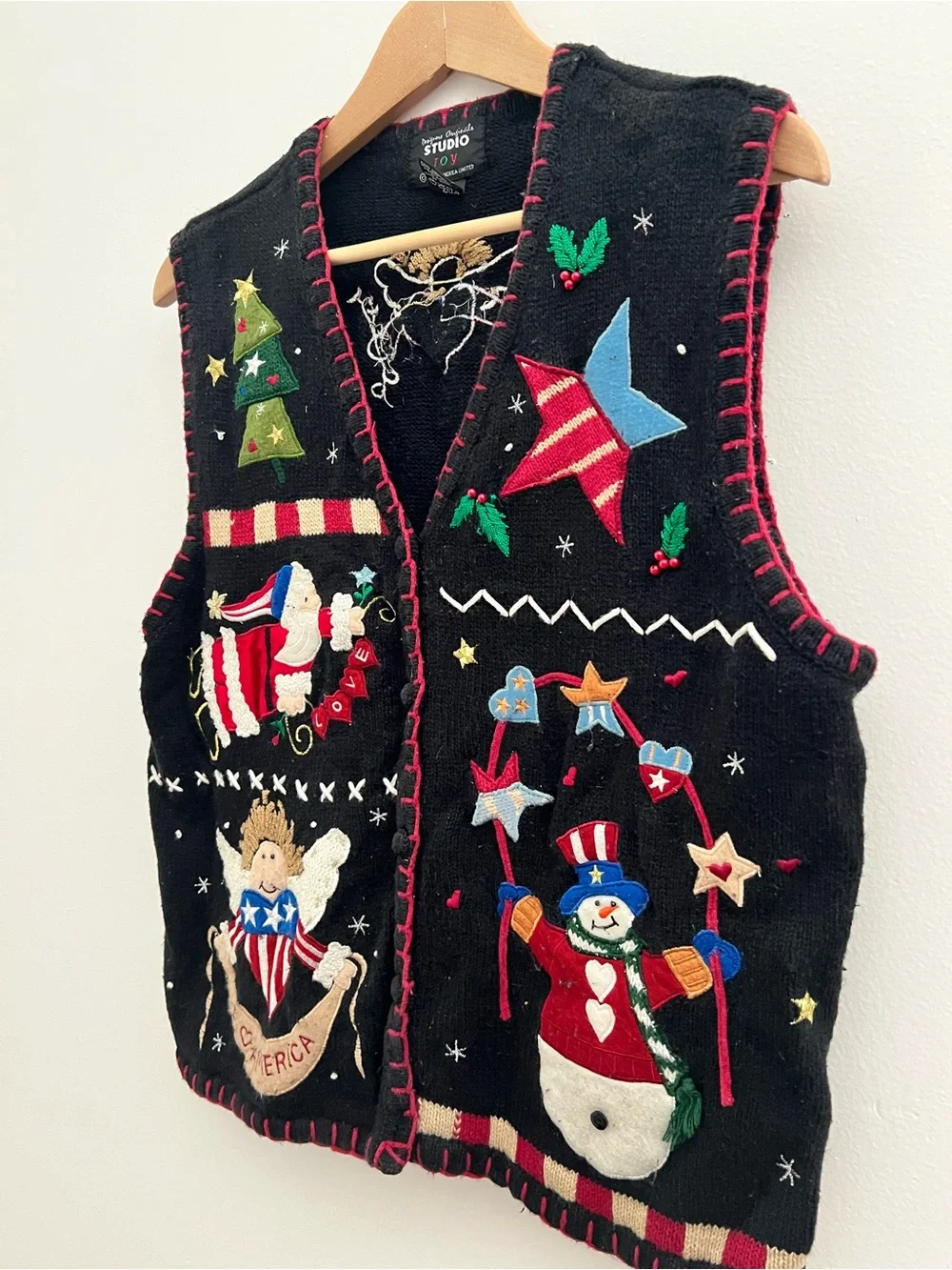 Vintage Grandma Studio Black Holiday Embroidered Vest with Festive Appliqué